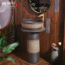 Chinese style retro column washbasin ceramic one-body vertical wash basin floor type column basin outdoor courtyard