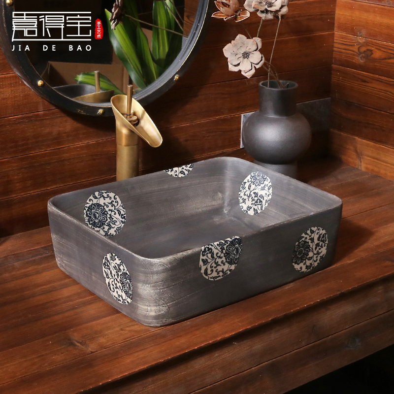 Jingdezhen Chinese blue and white art countertop basin rectangular retro ceramic washbasin home antique washbasin