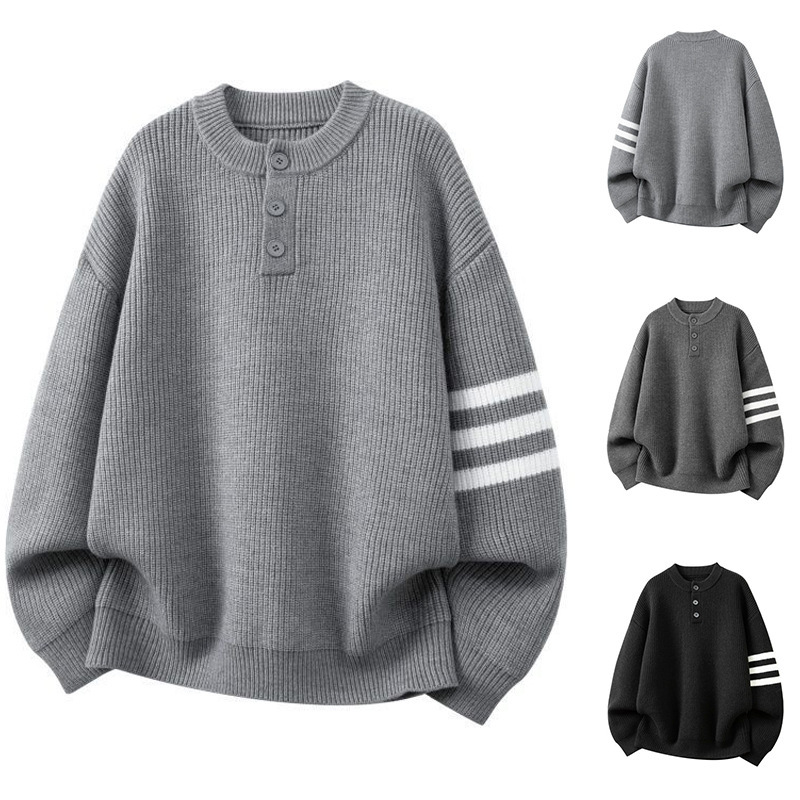 Autumn and Winter Men's New Fashion Henry Collar Three-Stripe Knit Sweater, Warm Outerwear, Trendy Brand, High-End, Casual Autumn and Winter Men's New Fashion Henry Collar Three-Stripe Knit Sweater, Warm Outerwear, Trendy Brand, High-End, Casual