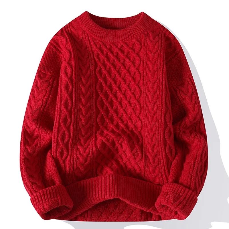 Red Sweater for the Year of Birth, Autumn and Winter, Men's Casual High-End Thick Cable Knit Sweater Jacket, Christmas Couple Sweater