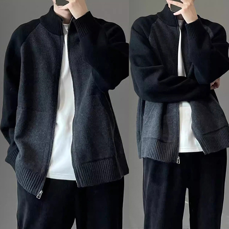 Autumn New Style Cardigan with Raglan Zipper, Versatile Men's Knit Sweater, Simple Jacket with Half-High Stand Collar, Suitable for Couples