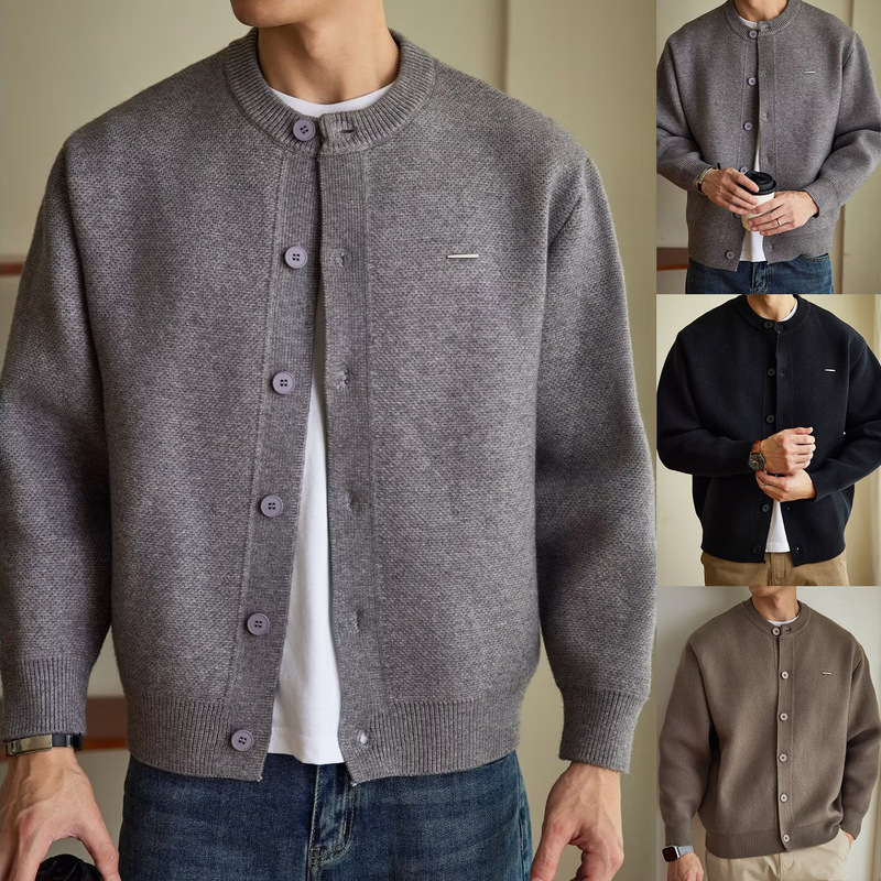 Autumn and Winter New Men's Cardigan with Raglan Zipper, Versatile Knit Sweater, Simple Jacket with Half-High Stand Collar