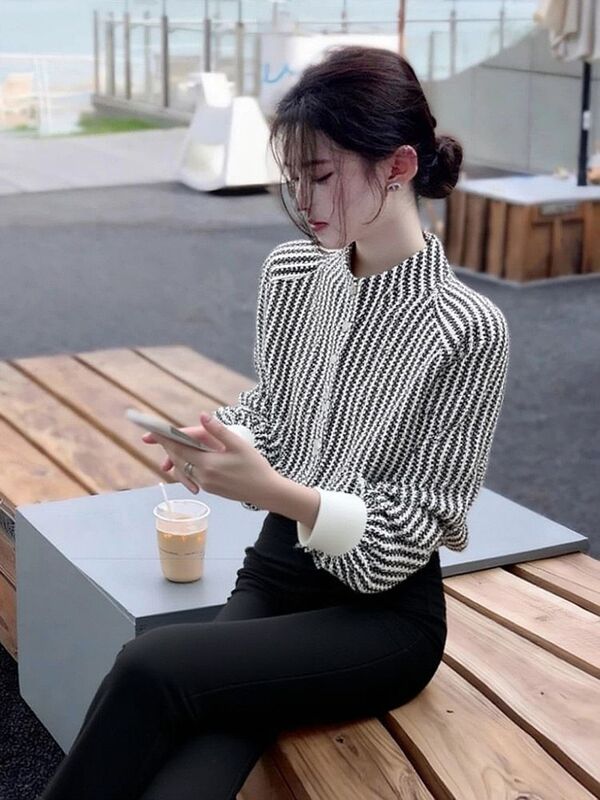 French-Style Striped Shirt for Women, Spring and Autumn 2026 New Fashion, Stylish and Professional Lantern Sleeve Top with Small Stand Collar and Long Sleeves French-Style Striped Shirt for Women, Spring and Autumn 2026 New Fashion, Stylish and Professional Lantern Sleeve Top with Small Stand Collar and Long Sleeves