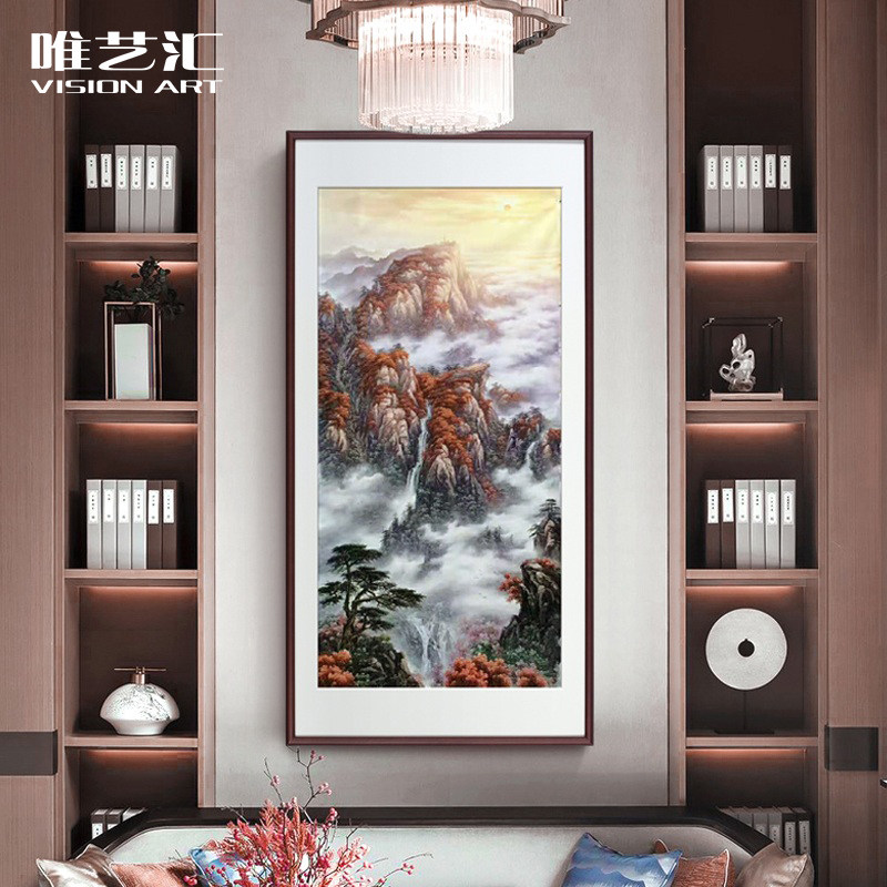 Weiyihui hand-painted oil painting Landscape painting Vertical patron New Chinese living room decoration painting Entrance rising sun rising East hanging painting