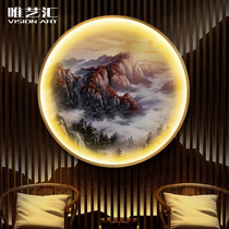 New Chinese entrance painting Hand-painted landscape oil painting round decorative painting with lights Corridor corridor sound-activated induction lamp painting