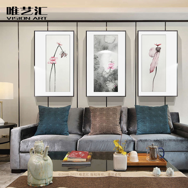 Modern new Chinese ink triple Lotus oil painting living room decoration painting sofa background wall mural dining room hanging painting