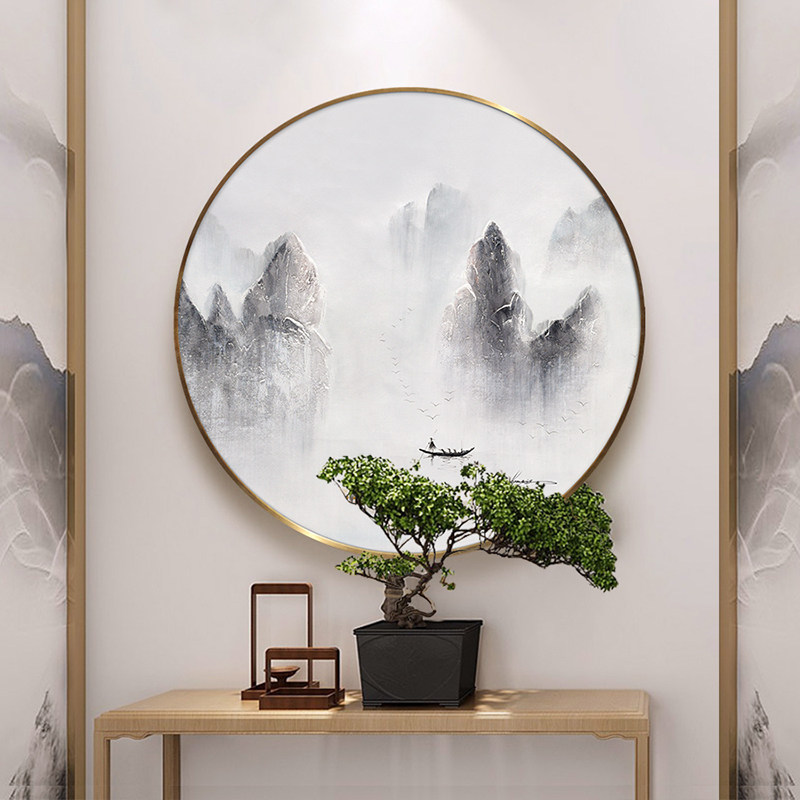 Hand-painted new Chinese style porch decorative painting circular mural living room corridor aisle plain and elegant artistic conception landscape oil painting