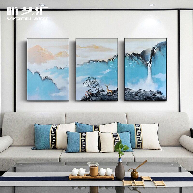 Weiyihui hand-painted living room decorative painting new Chinese landscape oil painting background wall mural light luxury hanging painting triptych