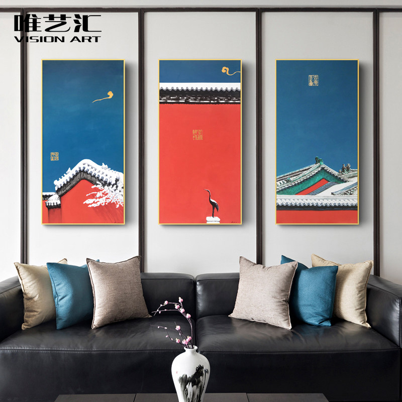 Entrance Hotel Soft Decoration Oil Painting Living Room Sofa Painting Antique Oil Painting Ancient Architecture Ruyi Changle Triptych