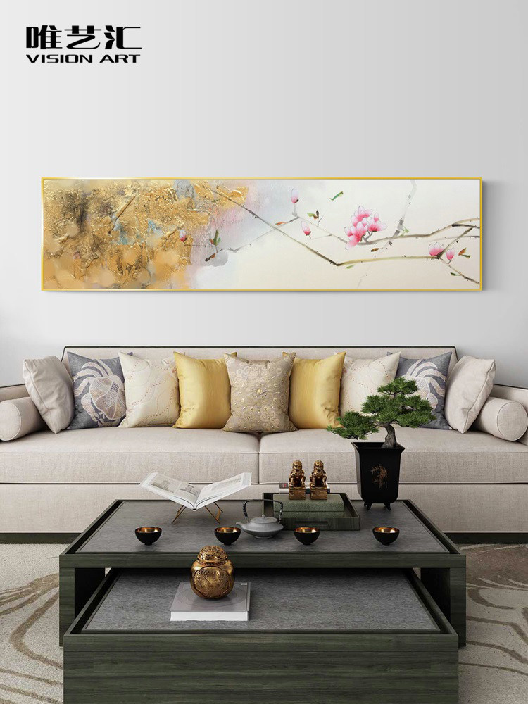 Pure hand-painted magnolia Chinese style oil painting gold Zen tea room study with painting living room background wall hanging painting