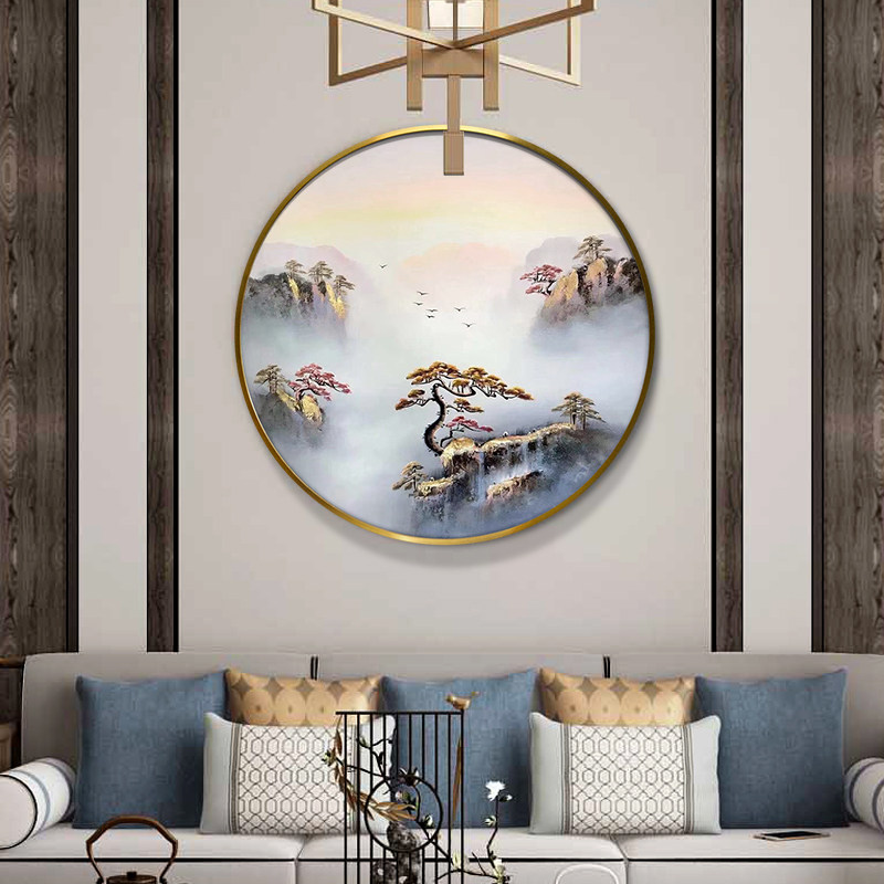 Pure Hand Painted New Chinese Living Room Decoration Painting Into Door Xuanguan Painting Round Oil Painting Book House Light Luxury Hang Painting Greet Visitors Pine