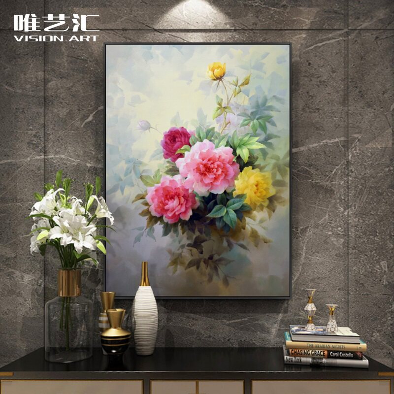 Hand-painted Oil Painting New Chinese Xuan Guan Decoration Painting Peony American Villa Duplex Sofa Background Wall Atmospheric Vertical Prints
