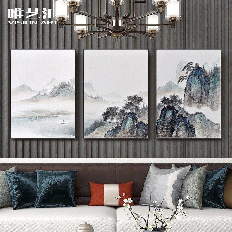 Modern New Chinese Mountain Sichuan Greeting Guest Pine Pure Hand Painted Musicure Water Ink Landscape Painting Sofa Living Room Decoration Painting Triptych