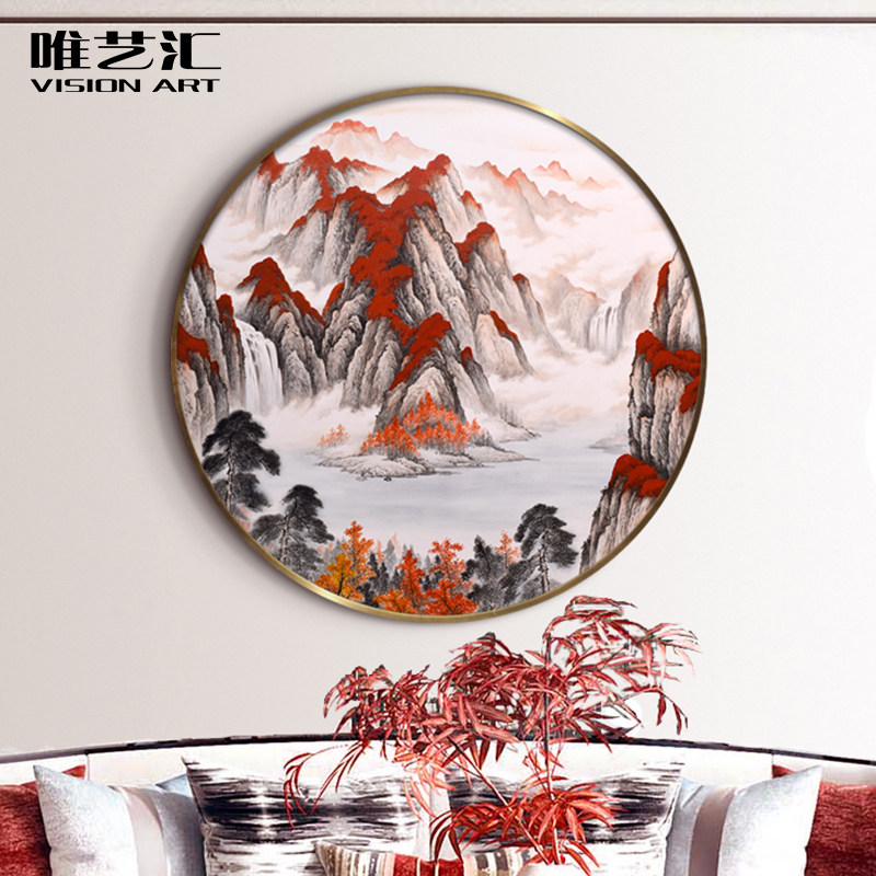 Pure hand-painted new Chinese landscape landscape oil painting living room decorative painting cornucopia round porch hanging painting dining room mural