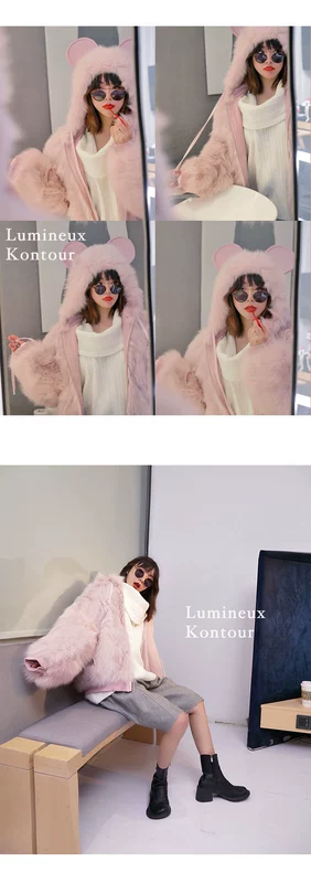 LK2020 / Tai chuột ba chiều Năm tai trùm đầu màu hồng Cô gái nhập khẩu Áo khoác lông cáo - Faux Fur