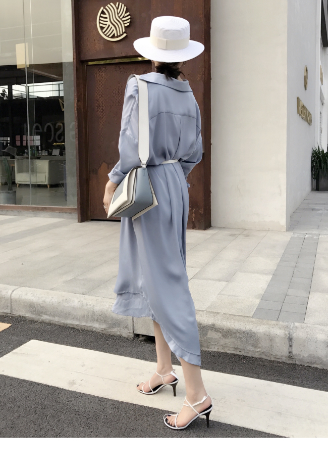 MMCO ◆ 2018 mùa xuân và mùa hè sản phẩm mới kết cấu lụa tính khí áo sơ mi dài tay áo đầu gối dài váy của phụ nữ màu xanh đầm suông đẹp
