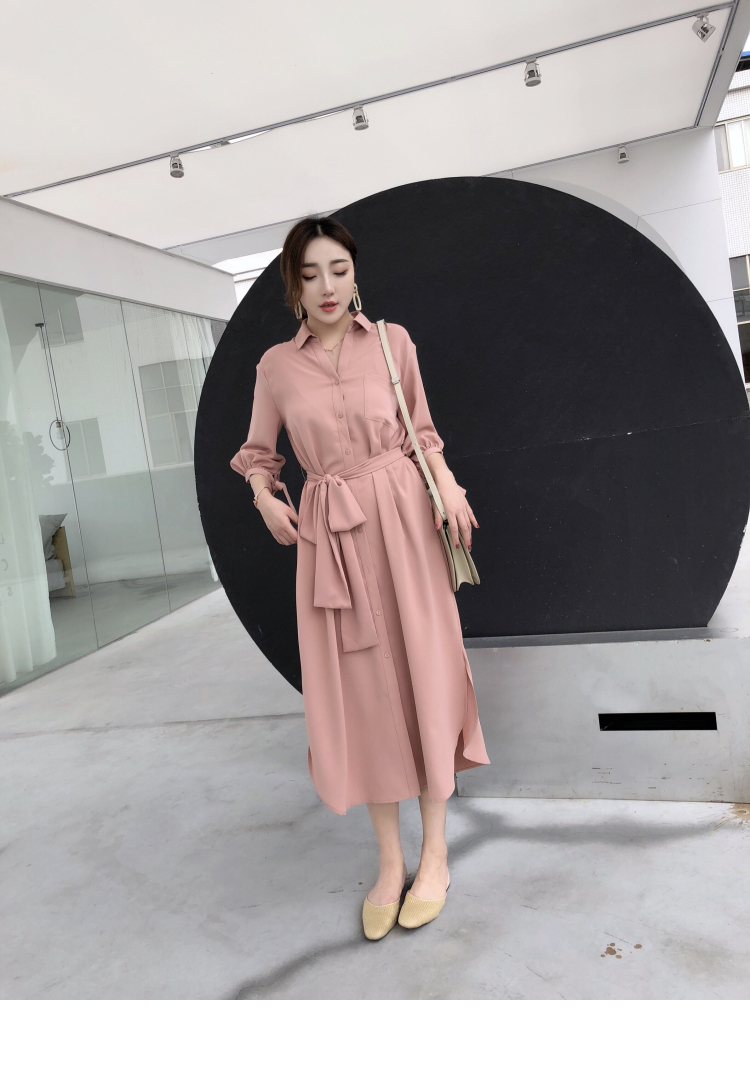 Mùa hè 2018 mới khí cổ áo sơ mi bảy điểm tay áo đầm cao eo nữ màu trắng - Váy eo cao đầm sơ mi trắng that eo
