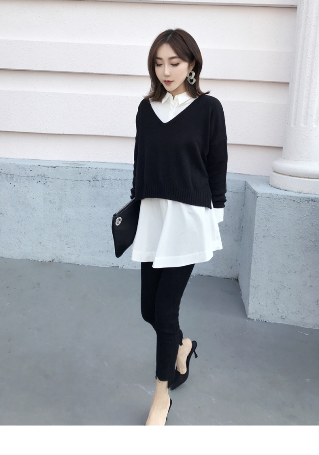 Net đỏ 2017 mùa thu mới len mới áo len cổ chữ V rộng hai dây phù hợp với áo len nữ tính khí cardigan nữ
