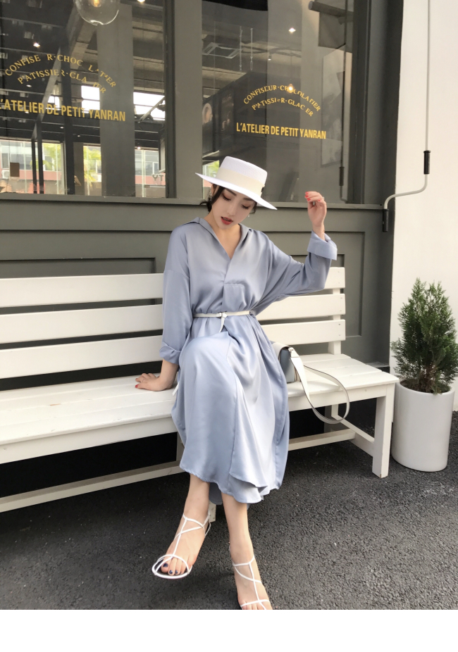 MMCO ◆ 2018 mùa xuân và mùa hè sản phẩm mới kết cấu lụa tính khí áo sơ mi dài tay áo đầu gối dài váy của phụ nữ màu xanh đầm suông đẹp