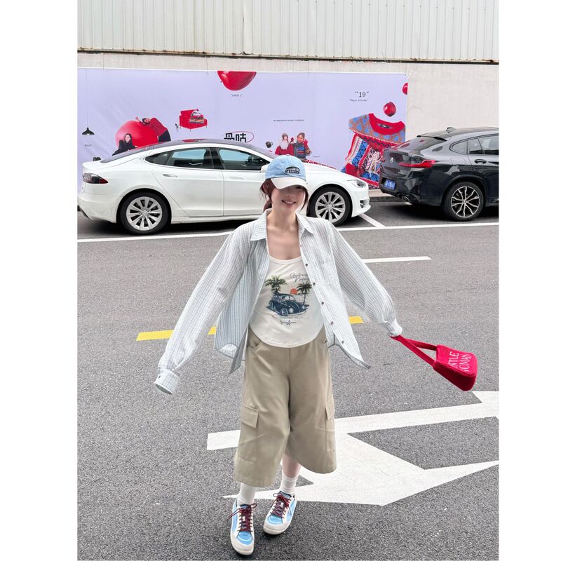 Leilei【Picture Book!】Korean-Style Color-Blocking Small Checkered Lapel Loose-Fit Regular Shoulder Shirt