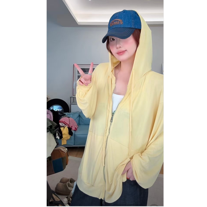 Leilei【I Have a Hoodie!】Korean-Style Hooded Zip-Up Loose-Fitting Long-Sleeve Thin Jacket