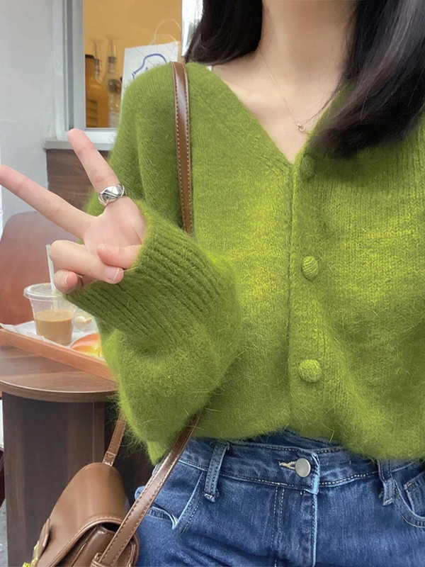 Green V-Neck Mohair Knit Cardigan for Women, Early Autumn Japanese Style, Lazy Style Sweater Coat, Gentle Versailles Top