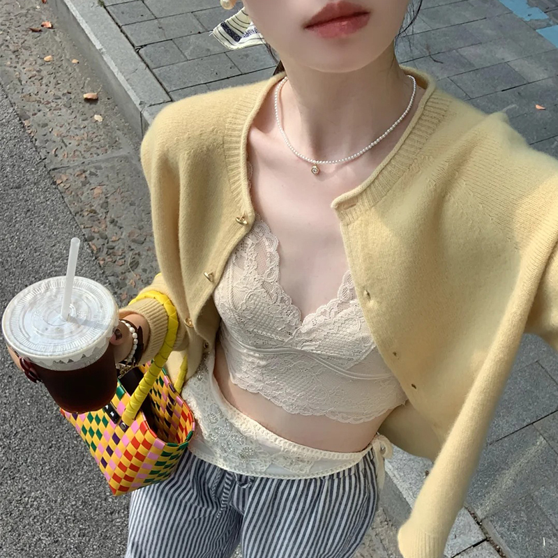 Light Yellow Long-Sleeved Knitted Cardigan for Women, Spring and Autumn, Soft and Fluffy, Outerwear Sweater, Short Top for Petite Women