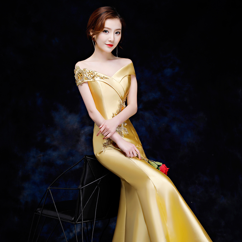 Ziyuanxuan Golden Fishtail Evening Dress, Elegant One-Shoulder Design, Slimming, Suitable for Annual Meetings, Hosting, Runway Shows, and Performances, with a Refined and Slim Fit