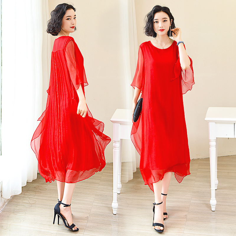 Red Silk Dress for Women, Mid-Length, 2023 Summer, Plus Size, Elegant Vacation Beach Dress, Heavy Mulberry Silk Long Dress
