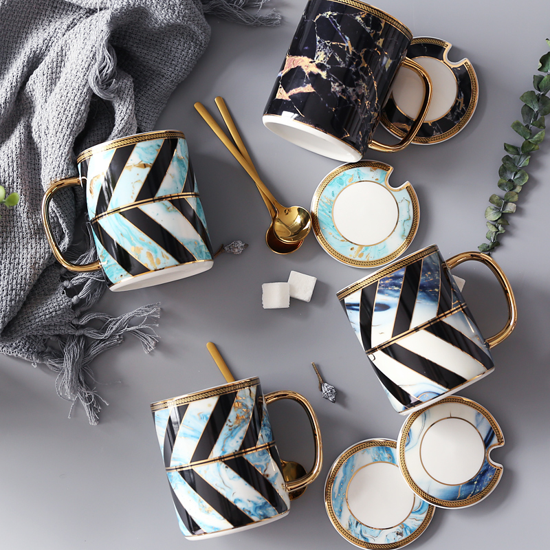 Simple Creative Ceramic Couple Mark Cup Coffee Cup Nordic Wind Marble Cup with a spoon