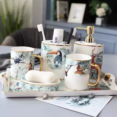 Light luxury ceramic bathroom five-piece set Washing set Bathroom household powder room bath mouthwash cup set with tray