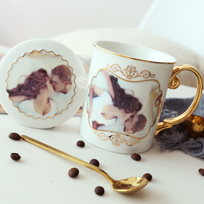 DIY Customized Photo Cup Creative Ceramic Cup Couple Mark Cup Non-color Cup with Cover Spoon Birthday Gift