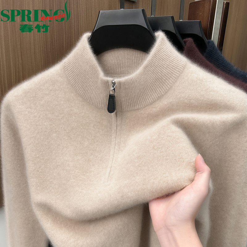 Chunzhu 100% Pure Cashmere Sweater for Men, Half-Zip Collar, Winter Thickened Warm Knitwear for Middle-Aged Men