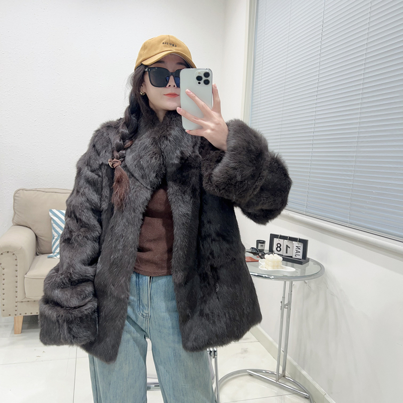 Fur Coat for Women, Popular Rabbit Fur with Rolled Sleeves, Fur Integrated Mid-Length Style, Stand Collar, Winter Warmth, Unique Dopamine Style