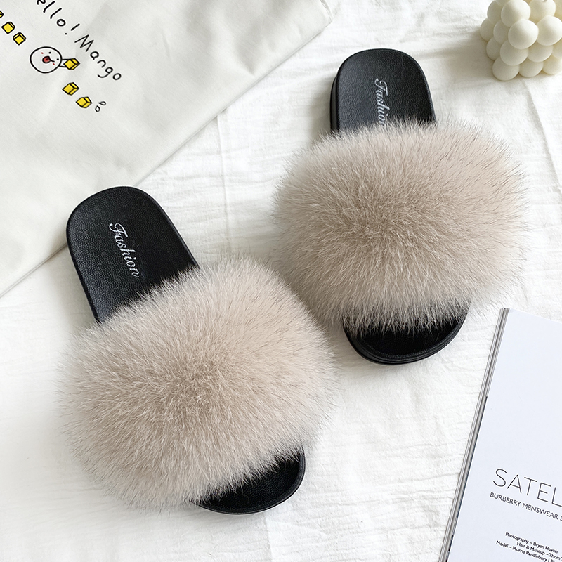 Furry Slippers for Women, Suitable for Outdoor Wear in Summer, Trendy Style as Seen on Social Media, Genuine Fox Fur Slippers, Large Size Women's Sandals ins Trend
