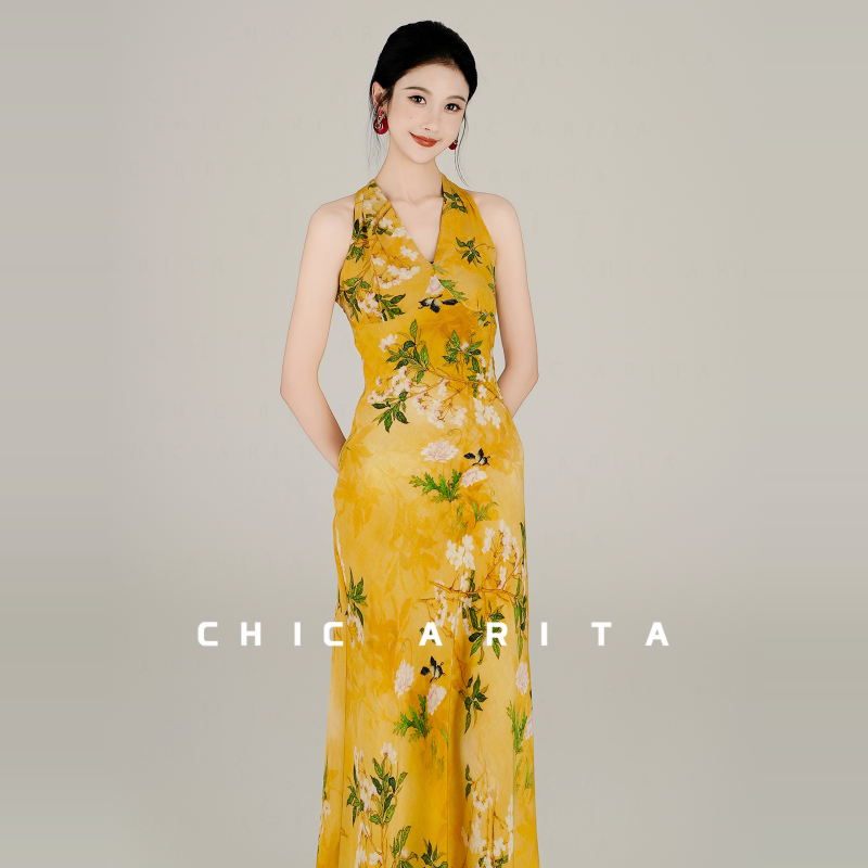Double-Layer 6A Grade 100% Mulberry Silk Original Printed Pure Silk Charming Beauty C-Position Dress Chic Arita Double-Layer 6A Grade 100% Mulberry Silk Original Printed Pure Silk Charming Beauty C-Position Dress Chic Arita