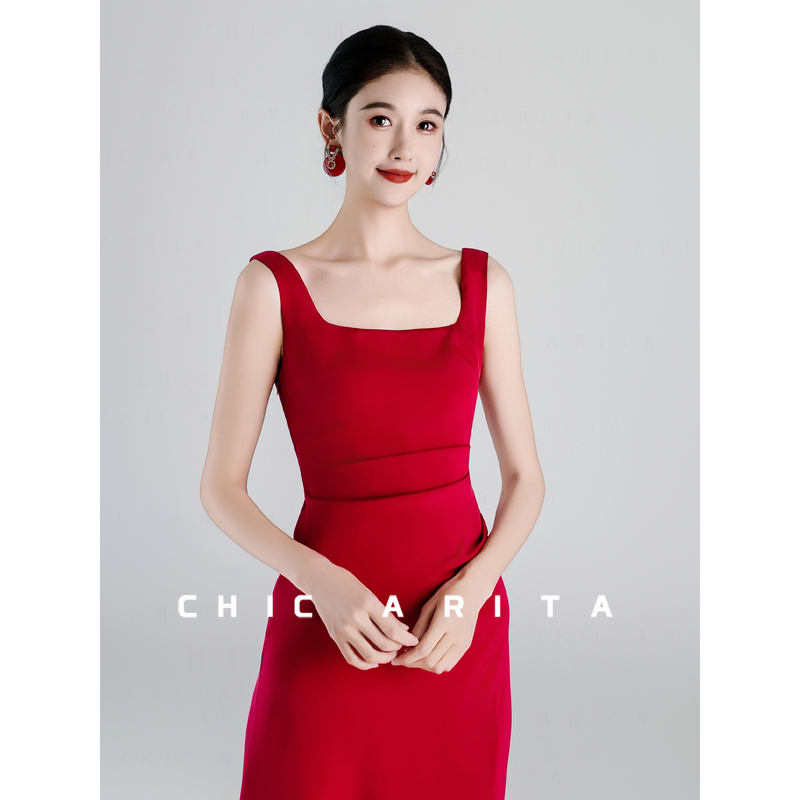 6A Grade Mulberry Silk 22mm Red Heavy Silk Dress Wedding Banquet Dress Elegant Long Dress Chic Arita