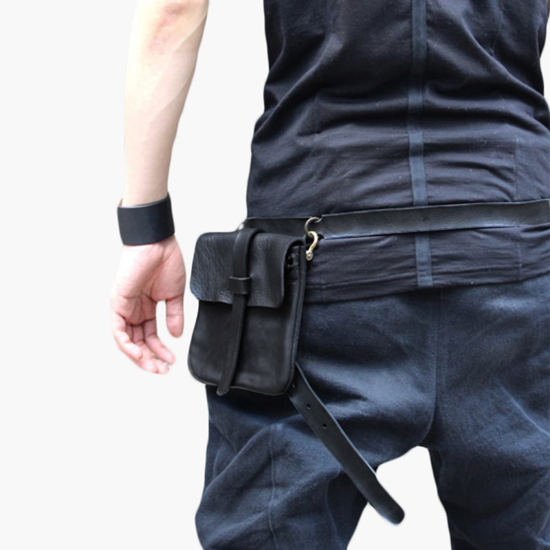 Signal Produces a Dark-Style Designer Drawstring Square Leather Crossbody Bag in Yohji Yamamoto Style, a Niche Unisex Waist Bag Signal Produces a Dark-Style Designer Drawstring Square Leather Crossbody Bag in Yohji Yamamoto Style, a Niche Unisex Waist Bag
