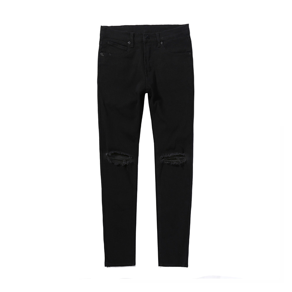 潮牌高街 Kanye黑色破坏刀割破洞牛仔裤男士修身弹力男小脚裤侃爷