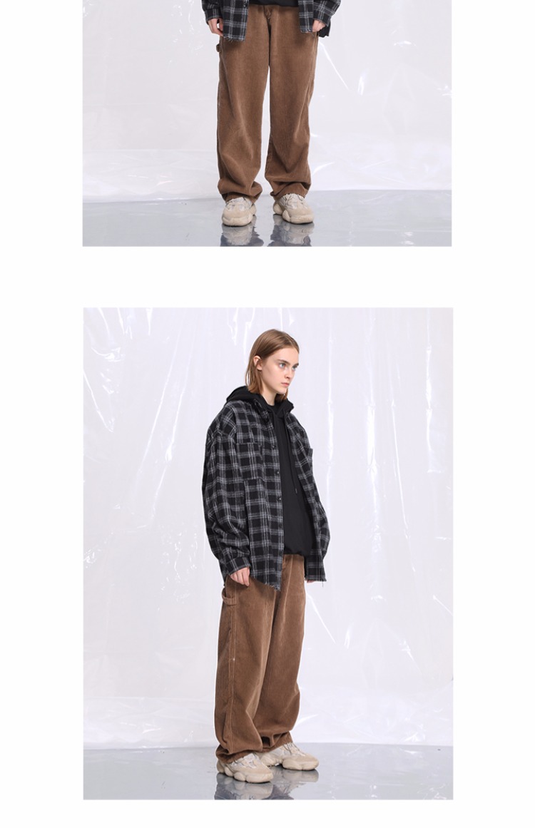 Châu Âu và Mỹ đường phố cao OVERSIZE áo sơ mi kẻ sọc hem nam và nữ lệch vai áo sơ mi nam lỏng lẻo áo khoác nam - Cao bồi thời trang nam cao cấp	