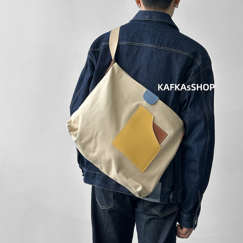 KAFKAsSHOP Contrast Color Stitching Canvas Bag Messenger One Shoulder Portable Unisex Men and Women Korean Simple Trend