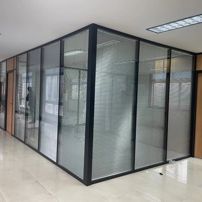 嘉兴双面钢化玻璃门玻璃隔断墙带百叶办公会议室全景铝合金高隔墙