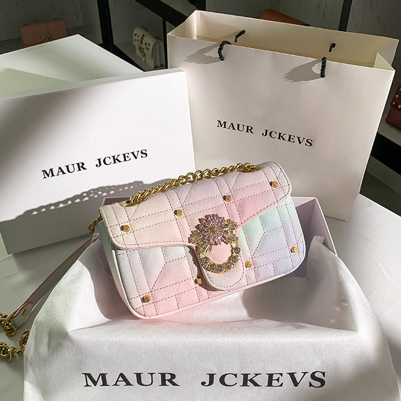 Hong Kong Genuine Leather Rainbow Small Fragrant Wind Rhombus chain Bag Bag Bag 2022 New Tide Single Shoulder Diagonal Satchel small square bag