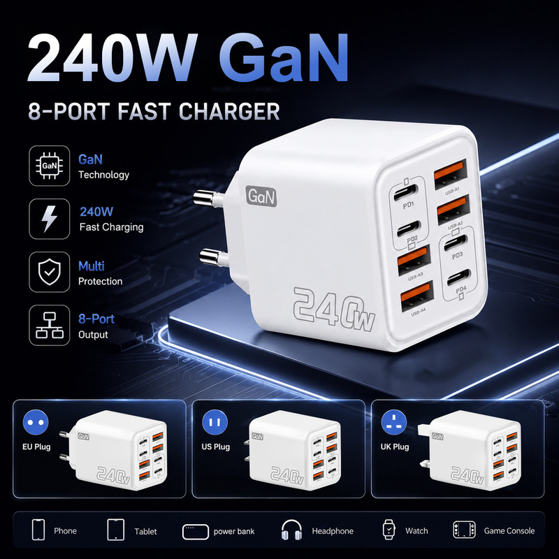 New 240W Multi-Port Uk/Eu Standard Charger with Eight USB Ports, Travel Plug, Type-C, Suitable for iPhone 17, Apple 16, Android Phones, Hong Kong and Macau Version, Fast Charging Pd Adapter 4.1A New 240W Multi-Port Uk/Eu Standard Charger with Eight USB Ports, Travel Plug, Type-C, Suitable for iPhone 17, Apple 16, Android Phones, Hong Kong and Macau Version, Fast Charging Pd Adapter 4.1A