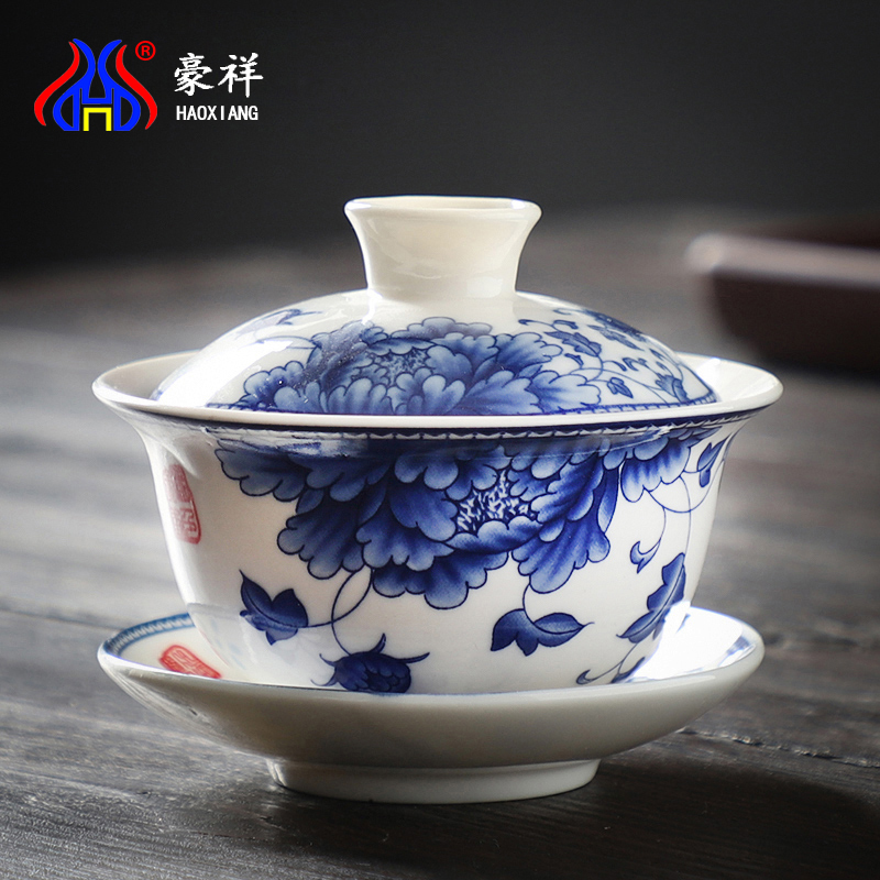 Hand-painted bowl of three-tall cup ceramic kung fu tea with covered tea bowl large blue flower cover bowl for simple household use