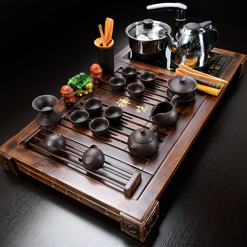 Howe auspicious tea set home violet arenaceous kung fu tea set ceramic cups electric magnetic furnace contracted tea table solid wood tea tray