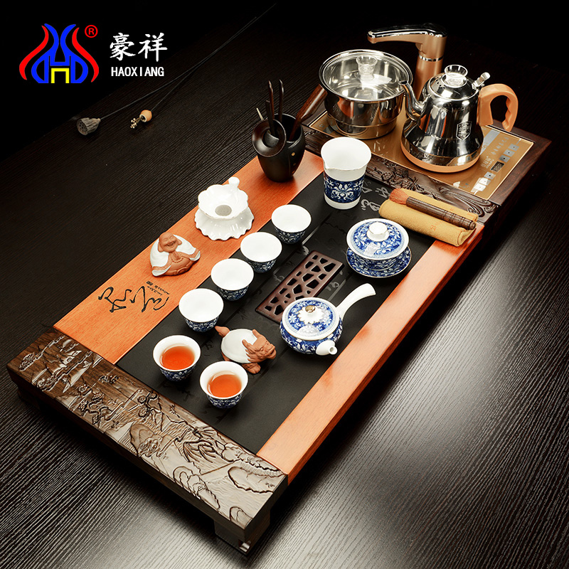 Howe auspicious ebony sharply stone solid wood tea tray tea saucer violet arenaceous kung fu home four unity of a complete set of electric heating furnace