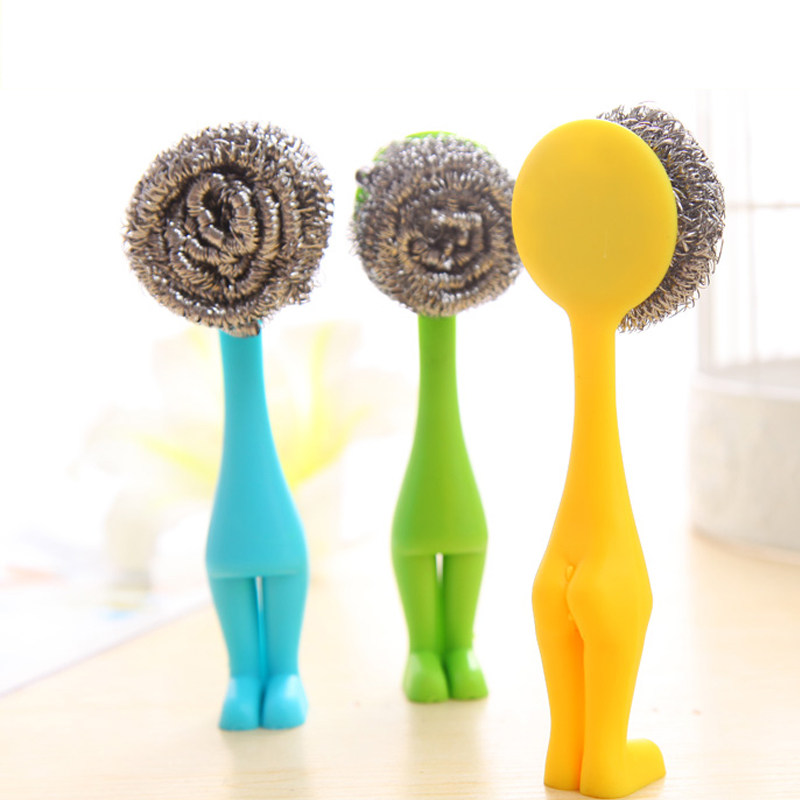 Cartoon Cute Little Standing Man Steel Wire Ball Washing Pan Brush Kitchen Bowl of Dish Brush Nonstick Oil Long Handle Steel Wire Bowl Brush