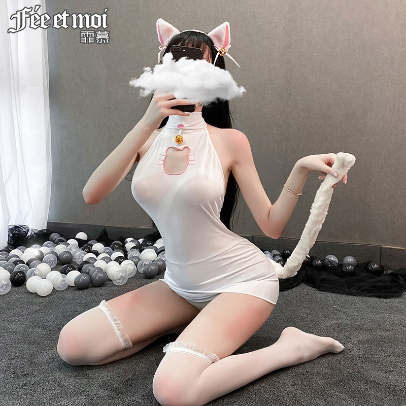 Sexy erotic lingerie small chest cat one-piece uniform hollow stockings temptation passion suit cute tease