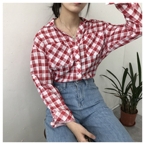  Korean single good quality plaid small V-neck cotton shirt top